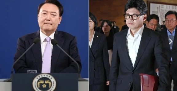南韓總統尹錫悅(左)與執政黨國民力量黨主席韓東勳。 圖 : 翻攝自騰訊網