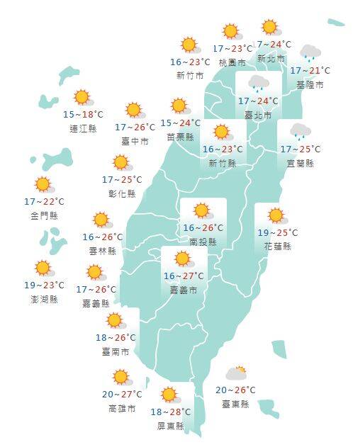 氣象署公布各地天氣預報概況。 圖：氣象署提供