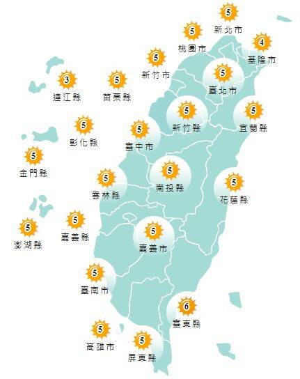 氣象署發布各地紫外線指數預報概況。 圖：氣象署提供