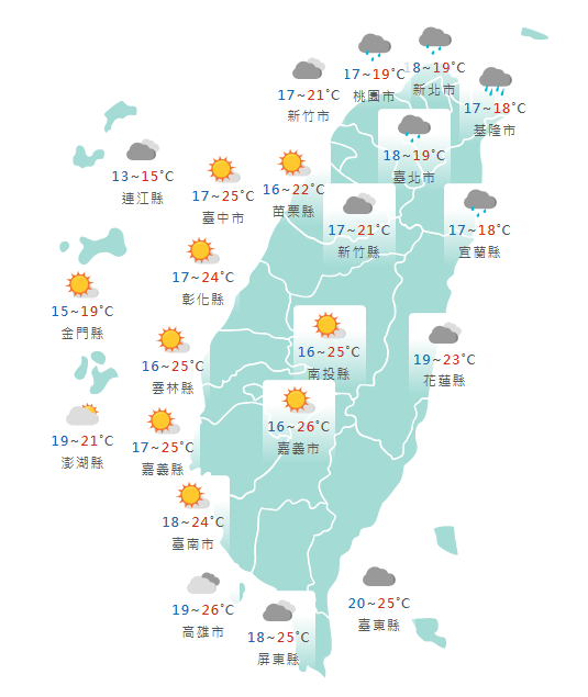 氣象署公布各地天氣預報概況。 圖：氣象署提供