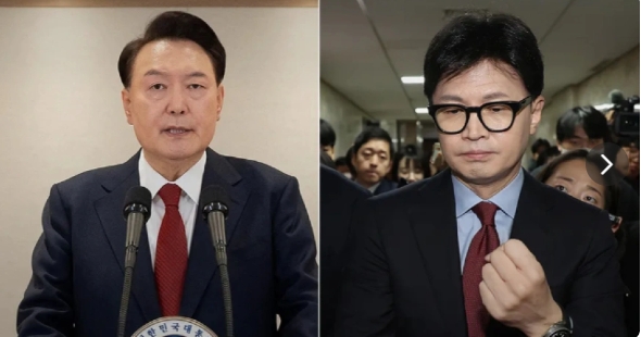 韓國總統尹錫悅(左)完全對發動戒嚴不認錯，執政黨黨魁韓東勳呼籲議員支持彈劾尹錫悅。。 圖 : 翻攝自騰訊網