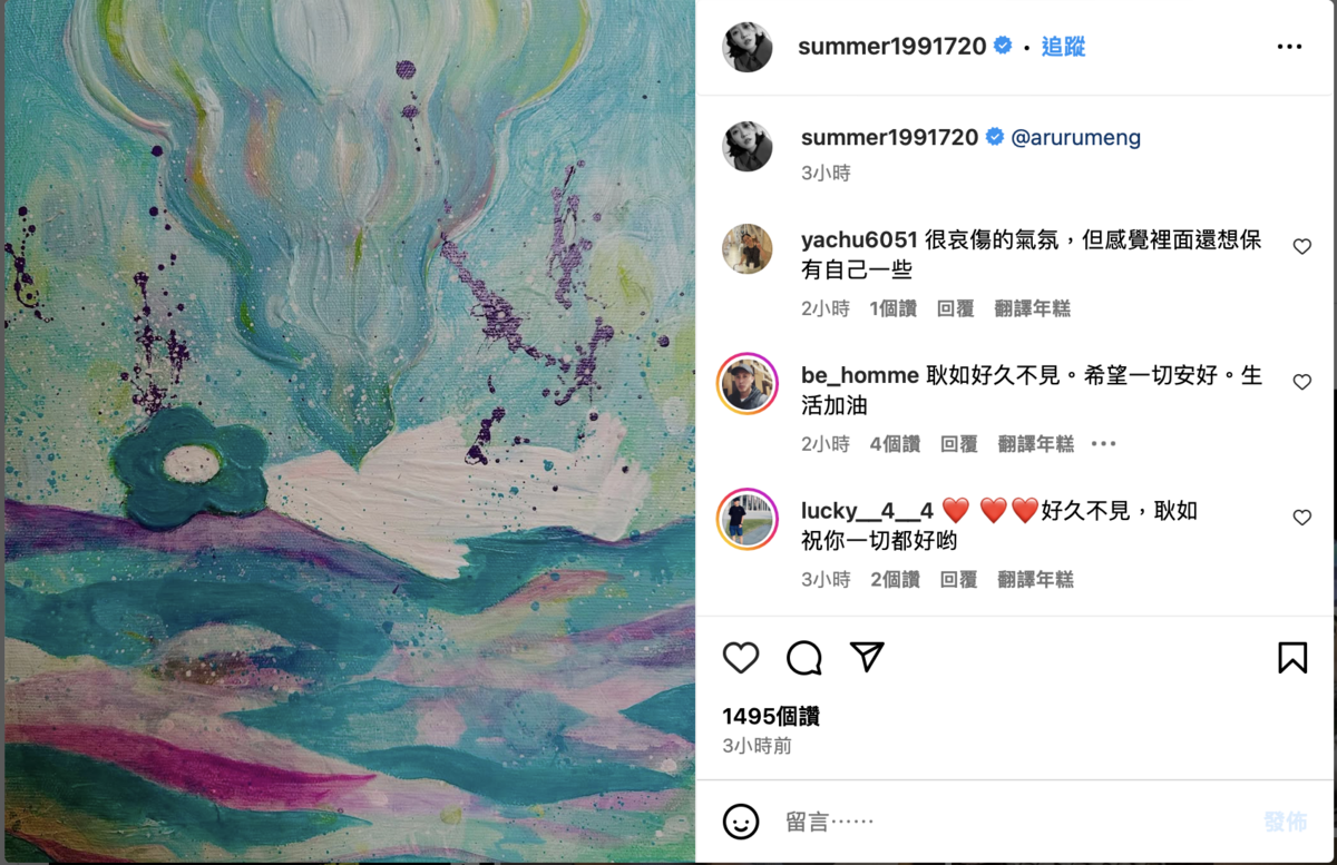 孟耿如在臉書和Instagram上同步發佈了一張抽象畫作，令不少人對其背後的寓意產生猜測。 圖：攝自IG／summer1991720