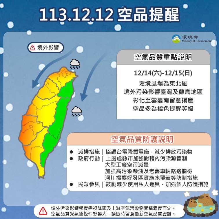 環境部提醒西部地區14日起空氣品質轉為橘色警戒，呼吸道敏感族群出門務必配戴口罩。 圖：環境部／提供