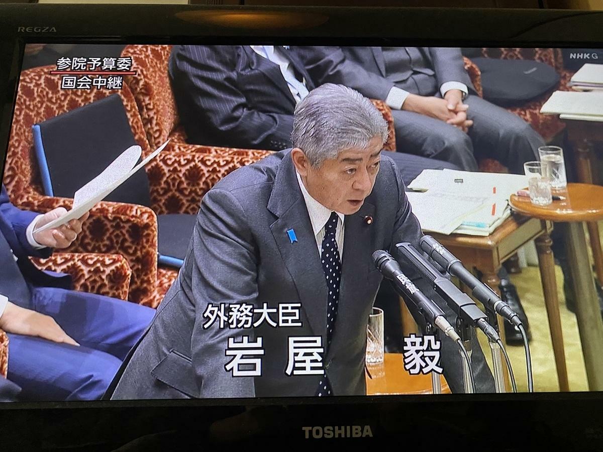 日本外相岩屋毅。 圖：翻攝自NHK國會轉播