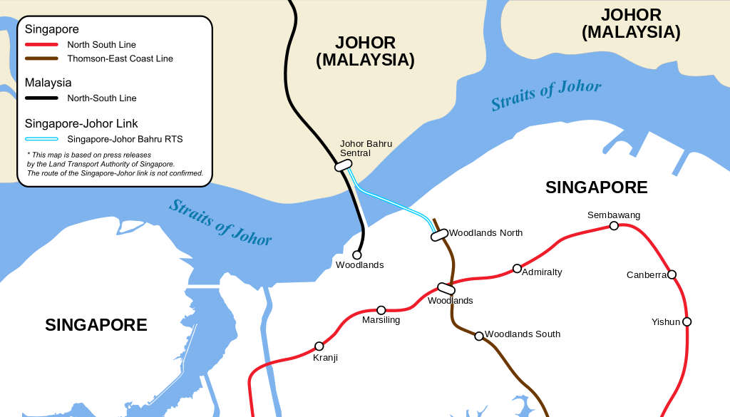 連接新加坡至馬來西亞新山的跨境地鐵連接系統，2024年將興建完成，預估每小時可接載1萬名乘客， 圖：翻攝維基網站