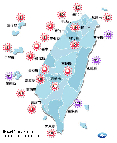 環保署紫外線預測今(5)日紫外線最高恐怕全台都會是過量級，宜蘭、花蓮、台東、澎湖更有可能達到危險級。 圖：環保署紫外線預測