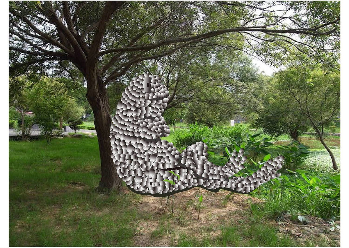 藤井芳則為2017桃園地景藝術節所創作的《戲畫青蛙》（GIGA FROG），戲畫(GI GA)?藤井芳則作品發想源自日本戲畫（諷刺畫）與現代的日本漫畫手法有相似之處，鳥獸戲畫也常被稱為日本最古老的漫畫。 圖:桃園市文化局提供