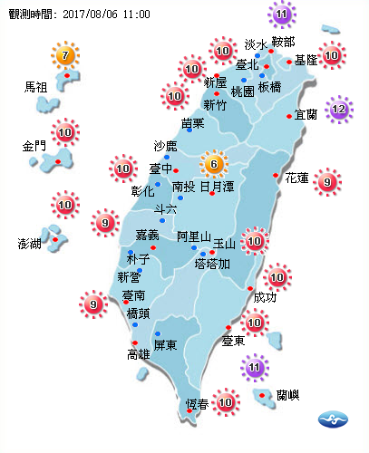 在中午前，氣象局觀測全台紫外線測站已有3測站達到危險級，14測站達到過量級。 圖：中央氣象局