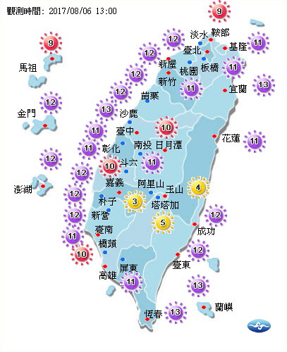 過了中午之後，全台共有24測站紫外線達危險等級，台灣地圖呈現一片紫的盛況。 圖：中央氣象局