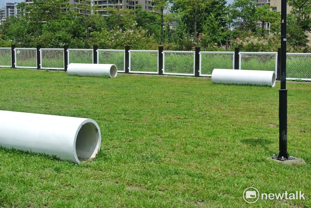 泉源寵物專用公園有寬廣的草皮可讓狗狗自由活動，還設有管子讓狗狗可以鑽進鑽出。 圖：唐復年/攝