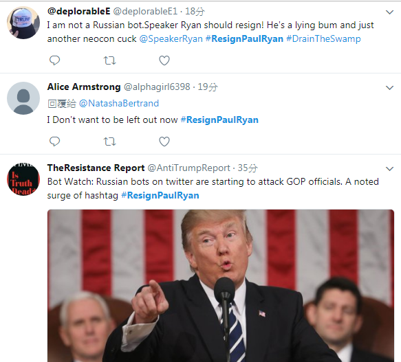 在推特上輸入「#ResignPaulRyan」關鍵字，貼文不斷，正反意見都有。 圖：翻攝推特