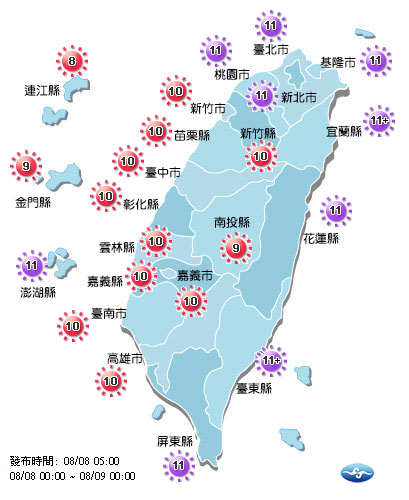 根據環保署紫外線預估，今天全台紫外線都是過量級以上，台北市、新北市、基隆市、桃園市、宜蘭縣、花蓮縣、台東縣、屏東縣、澎湖縣都達到危險等級。 圖：環保署紫外線預估