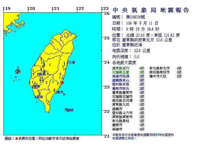 今(11)日早晨9:58台東發生地震，芮氏規模5.0，地震深度22.4公里。 圖：中央氣象局