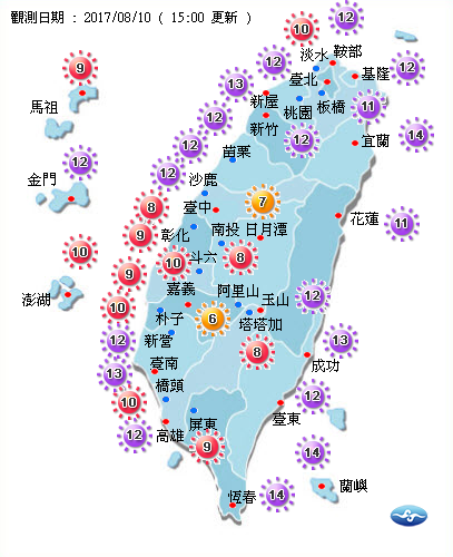 根據氣象局觀測紀錄，在15時左右紫外線指數易達最高峰，民眾務必留意做好防曬準備。 圖：中央氣象局