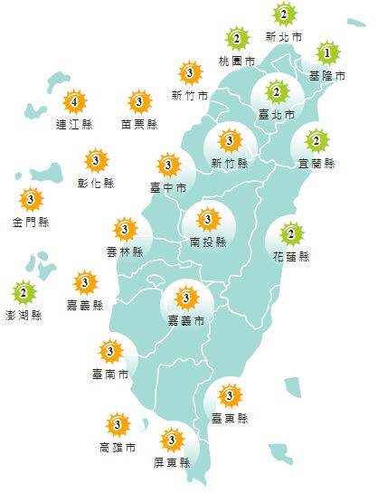 氣象署發布各地紫外線指數預報概況。 圖：氣象署提供