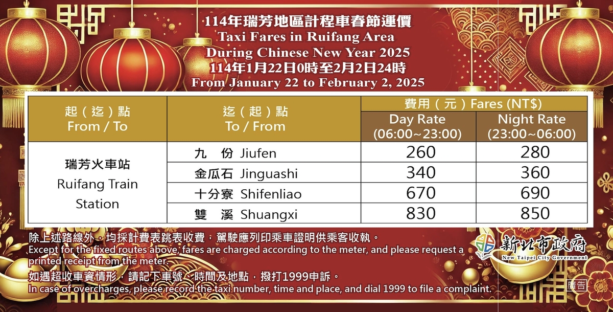 瑞芳地區計程車春節運價。 圖：新北市交通局/提供
