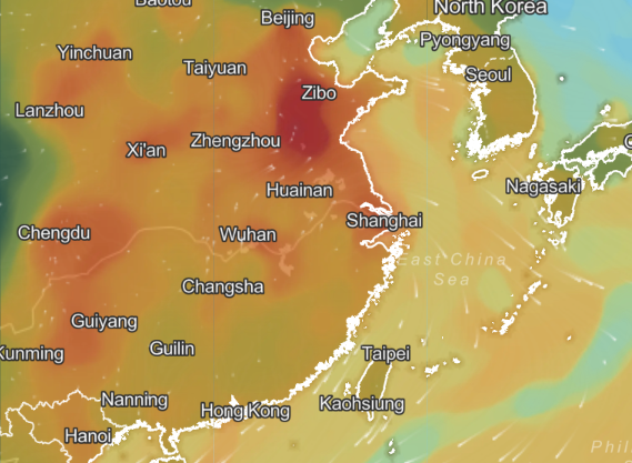 環境部16日警告，中國山東至上海一帶有霾害現象。 圖：翻攝自IQAir空氣品質監測網