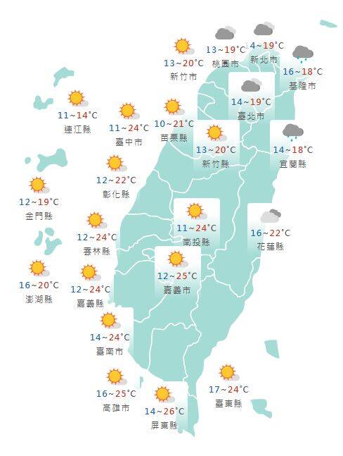 氣象署公布各地天氣預報概況。 圖：氣象署提供
