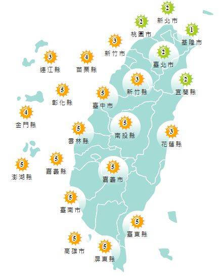 氣象署發布各地紫外線指數預報概況。 圖：氣象署提供