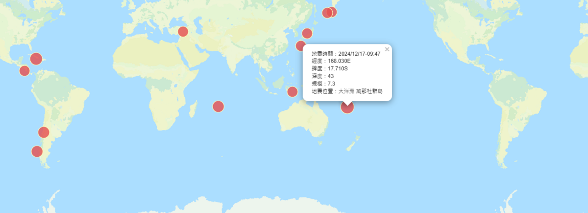 台灣時間今晨9點47分，萬那杜發生規模7.4強震，震源極淺，恐引發海嘯，氣象署與太平洋海嘯警報中心已發布警報。 圖：翻攝自氣象署網站