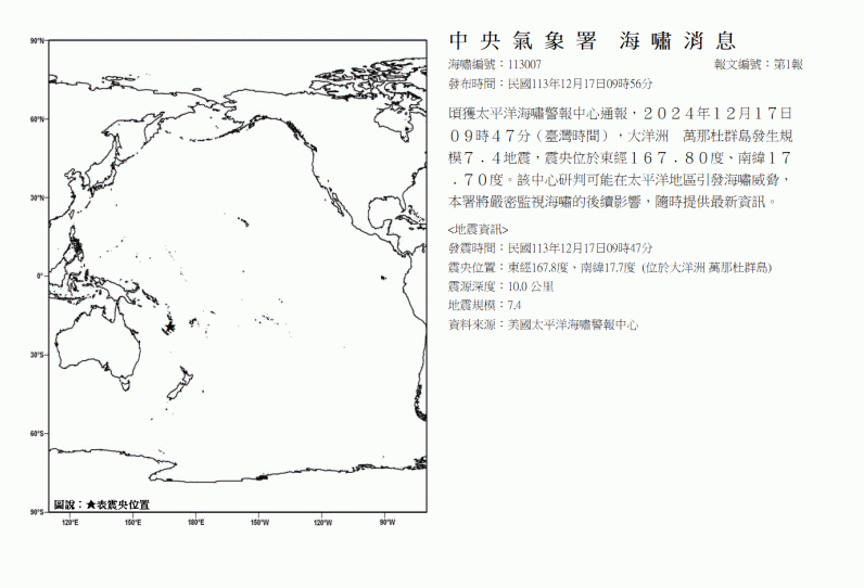 台灣時間今晨9點47分，萬那杜發生規模7.4強震，震源極淺，恐引發海嘯，氣象署與太平洋海嘯警報中心已發布警報。 圖：翻攝自氣象署網站