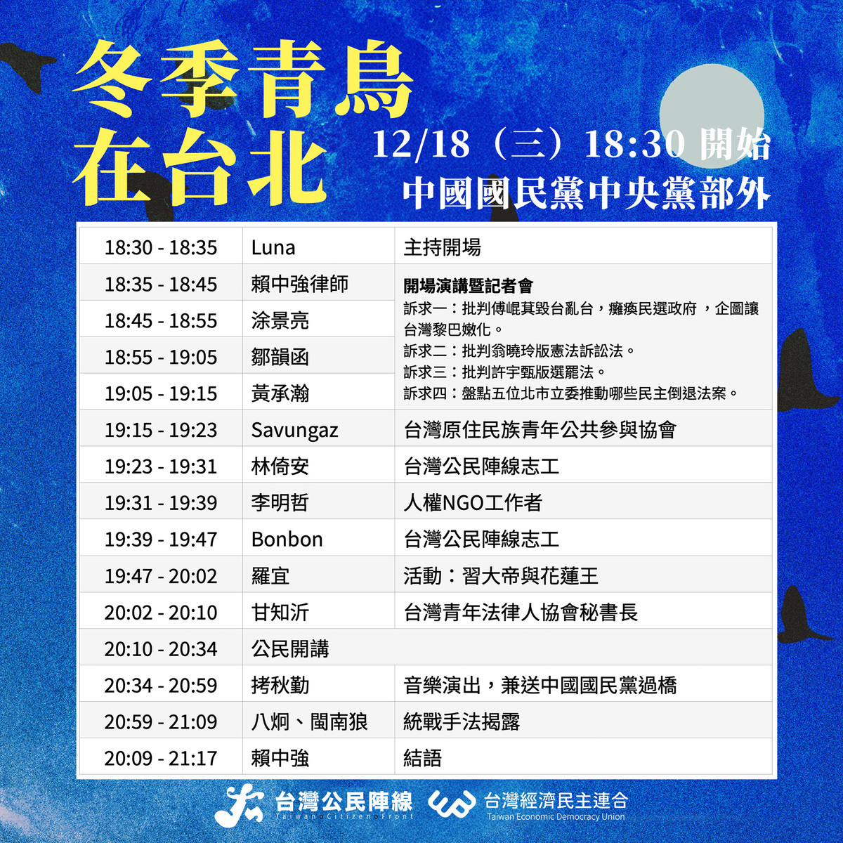 「冬季青鳥在台北」集會行動今晚赴國民黨中央黨部抗議。 圖：經濟民主連合提供