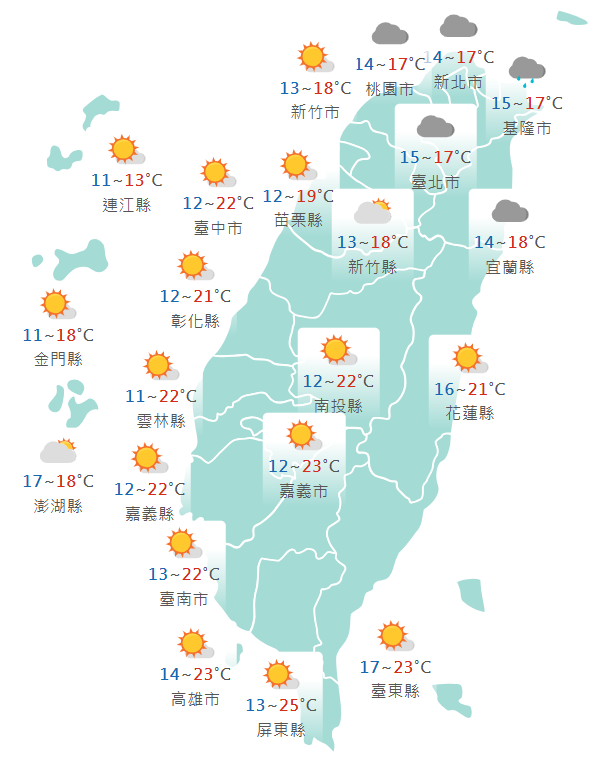 氣象署公布各地天氣預報概況。 圖：氣象署提供