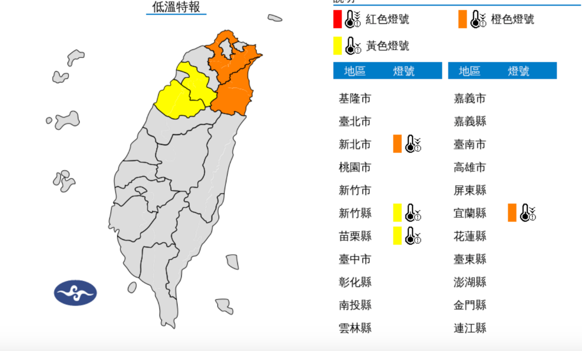 今（21）日晚至明日新北、宜蘭局部地區有持續 10度左右或以下氣溫（橙色燈號）發生的機率，需注意防範。 圖：翻攝自中央氣象署官網