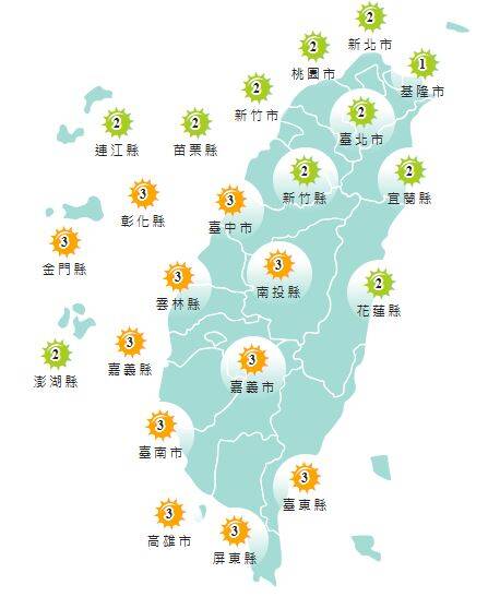 氣象署發布各地紫外線指數預報概況。 圖：氣象署提供