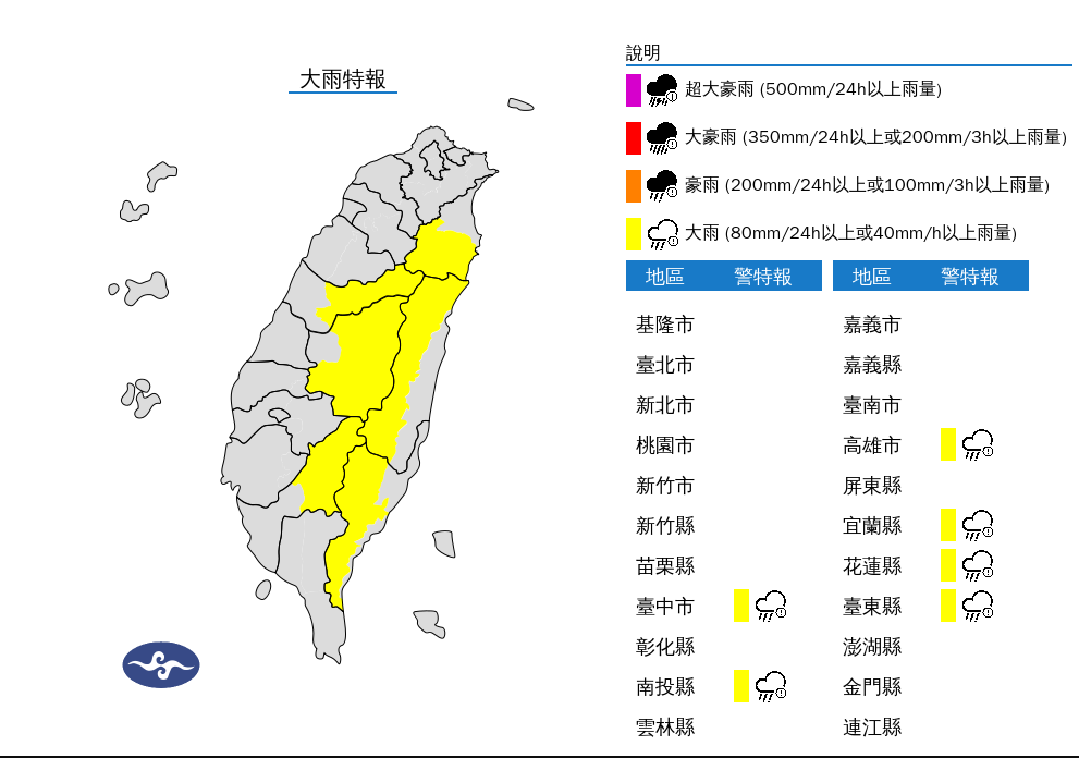 大雨特報。 圖：翻攝自中央氣象署官網