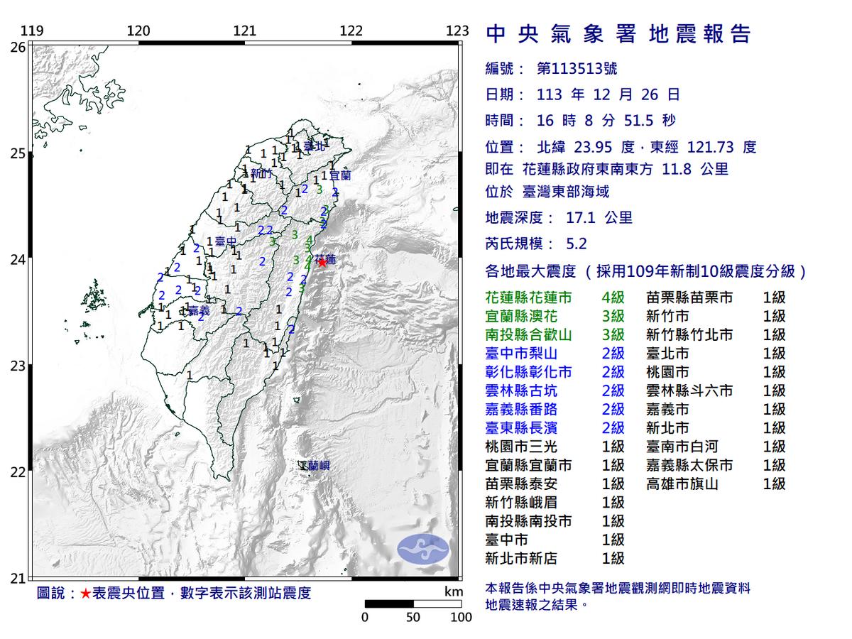 花蓮地區26日下午16時8分發生芮氏規模5.2地震，中央氣象署研判屬於0403花蓮大地震的餘震。 圖：中央氣象署／提供