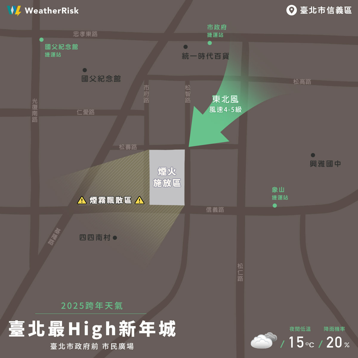 31日台北101周圍環境風場為東北風，施放煙火時，四四南村附近受煙霧影響，恐成為101跨年煙火視野盲區。 圖：翻攝自天氣風險WeatherRisk臉書