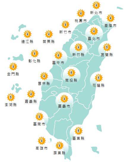 氣象署發布各地紫外線指數預報概況。 圖：氣象署提供