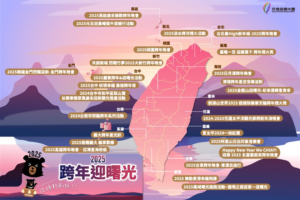 全台跨年活動分三主題，觀光署表示分別為結合自然風景、煙火秀及地方文化，歡迎民眾參與迎接2025年第一道曙光！ 圖：觀光署／提供