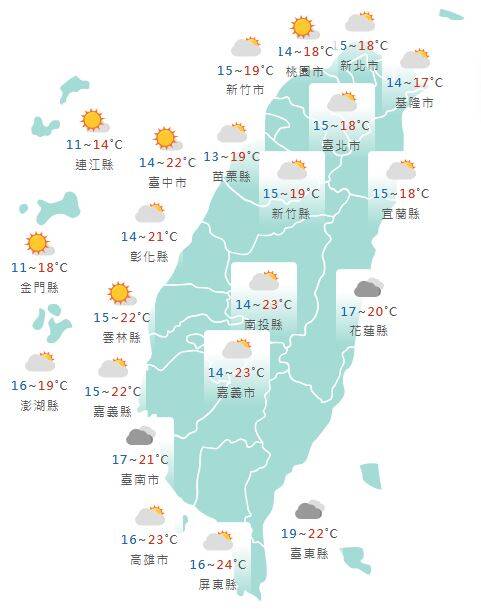 氣象署公布各地天氣預報概況。 圖：氣象署提供