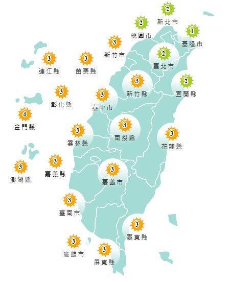 氣象署發布各地紫外線指數預報概況。 圖：氣象署提供