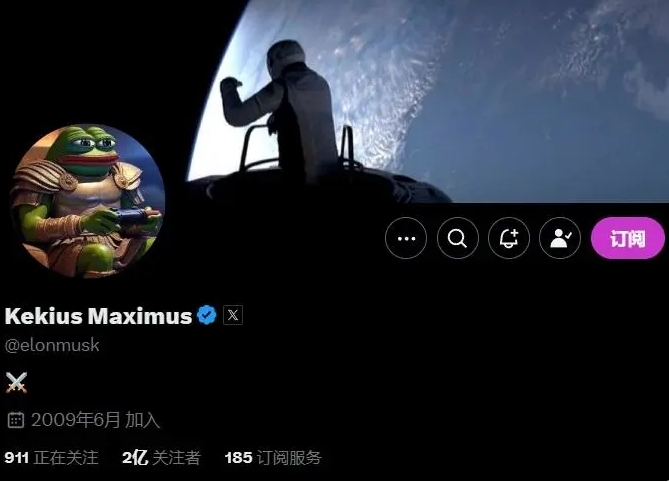馬斯克在去年最後一天，將自己的帳號名字改成 Kekius Maximus，同時把頭像換成「穿著格鬥士盔甲、拿著遊戲手柄的佩佩青蛙」。 圖 : 翻攝自馬斯克推特
