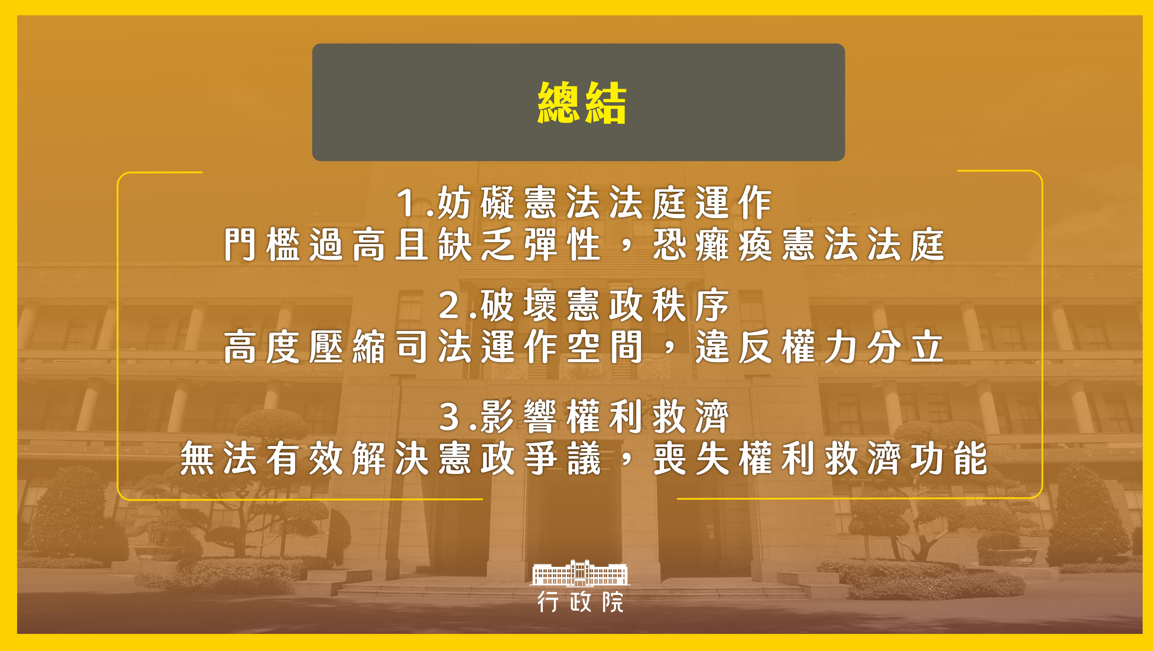 行政院針對「憲法訴訟法」修正案提出覆議的總結理由。 圖：行政院提供