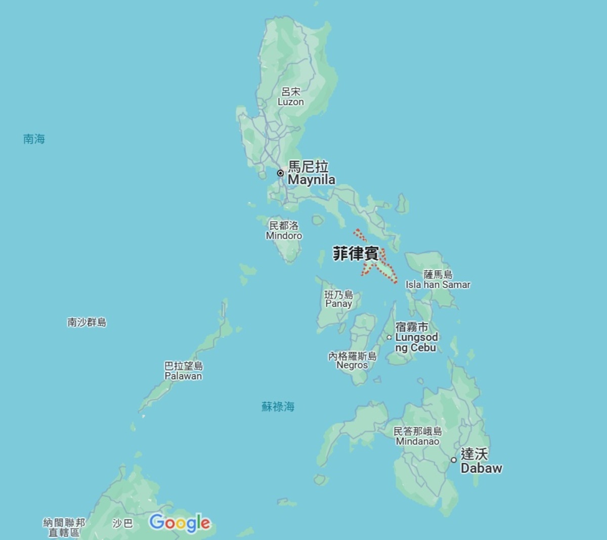 菲律賓中部馬斯巴特省(圖上有紅虛線框畫區域) 圖：截自Google Map