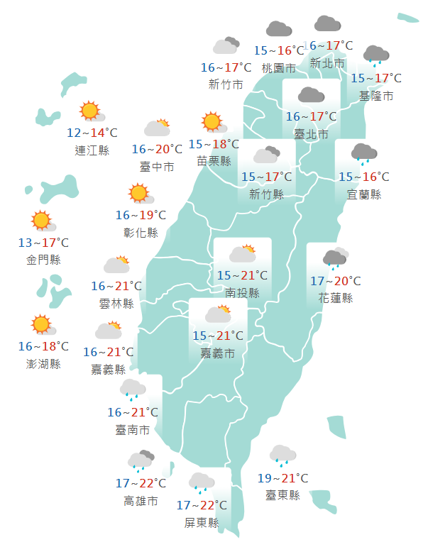 氣象署公布各地天氣預報概況。 圖：氣象署提供