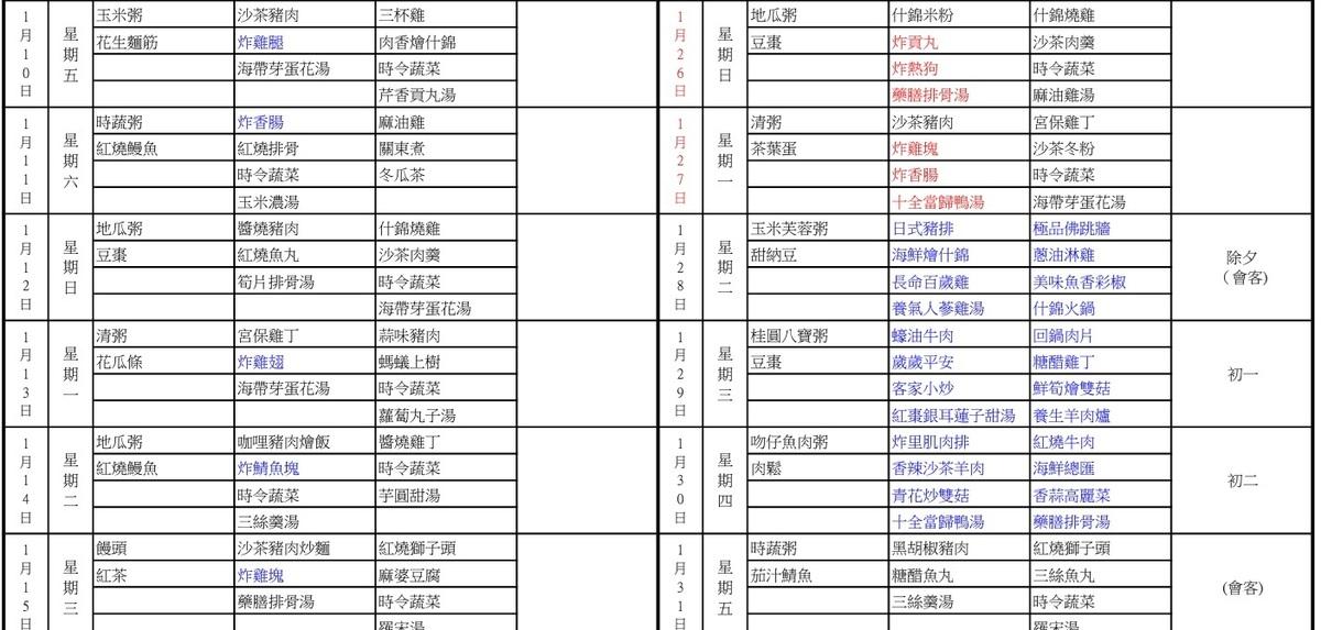 土城看守所一月農曆年節菜單。 圖:翻攝自臺北看守所