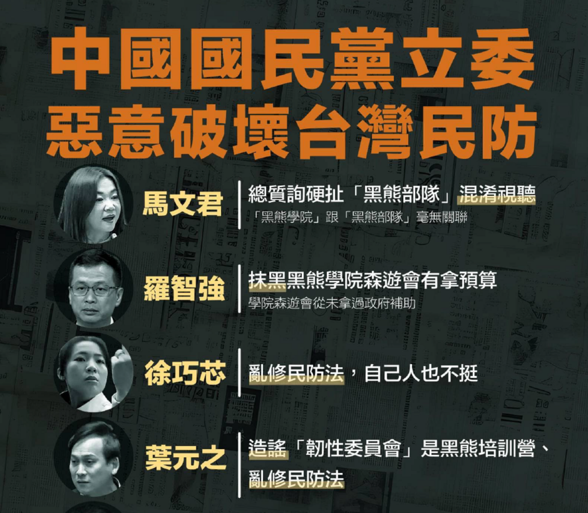 黑熊學院今（3）日指稱徐巧芯等多位國民黨立委惡意破壞台灣民防。 圖：黑熊學院提供