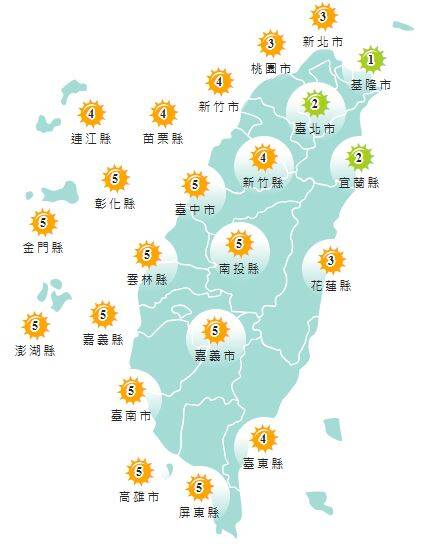 氣象署發布各地紫外線指數預報概況。 圖：氣象署提供