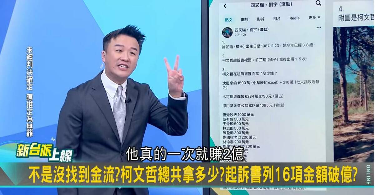 李正皓驚呼，柯文哲16項金流總共1億2400萬，再加上7000萬的政治獻金，「他真的一次就賺2億」，難怪藍白永遠不合。 圖：截自「新台派上線」直播
