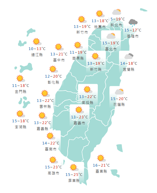 氣象署公布各地天氣預報概況。