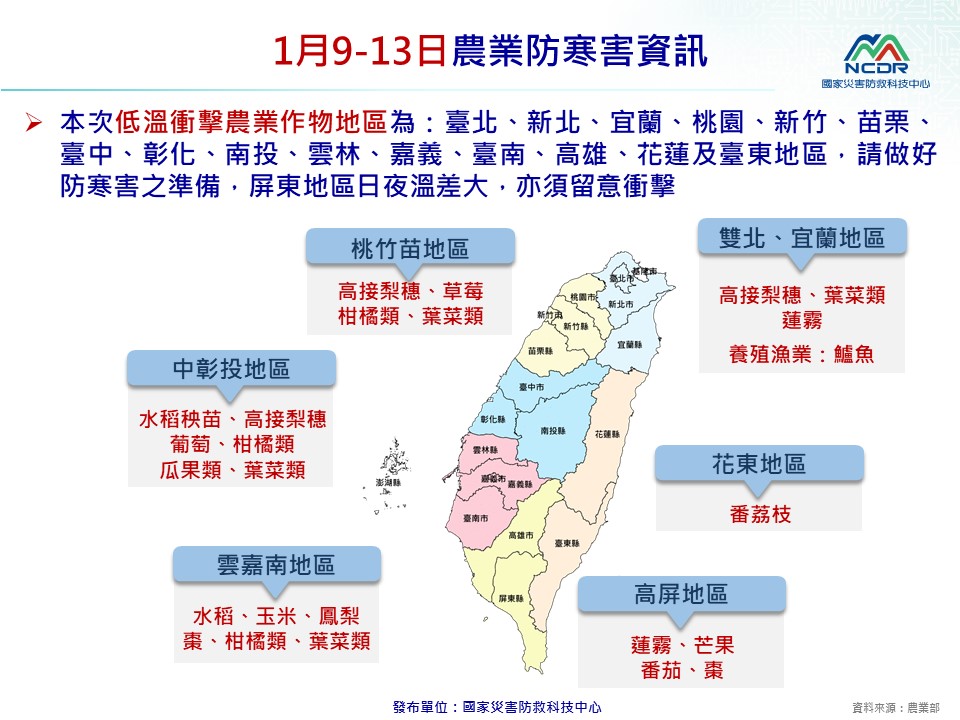 國家防救中心預告，這波強烈大陸冷氣團將為全台各地帶來連日低溫，恐衝擊各地農漁業。 圖：國家災害防救科技中心／提供