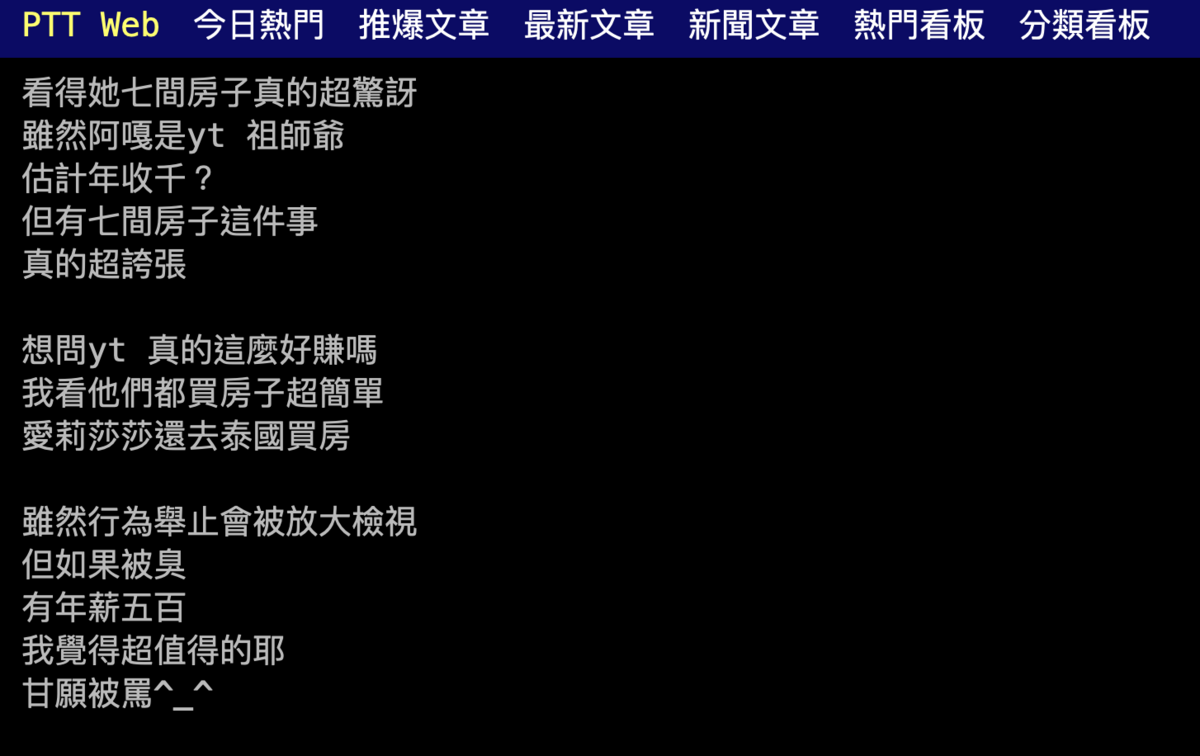 有網友好奇詢問「雖然阿嘎是YT祖師爺，但有7間房子這件事真的超誇張，想問YT真的這麼好賺嗎？」。 圖：翻攝自PTT