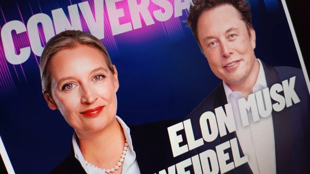 德國極右派的德國另類選擇黨（AfD）總理候選人韋德爾（Alice Weidel,左）即將與馬斯克（右）直播對談，在歐洲引起爭議。 圖／X