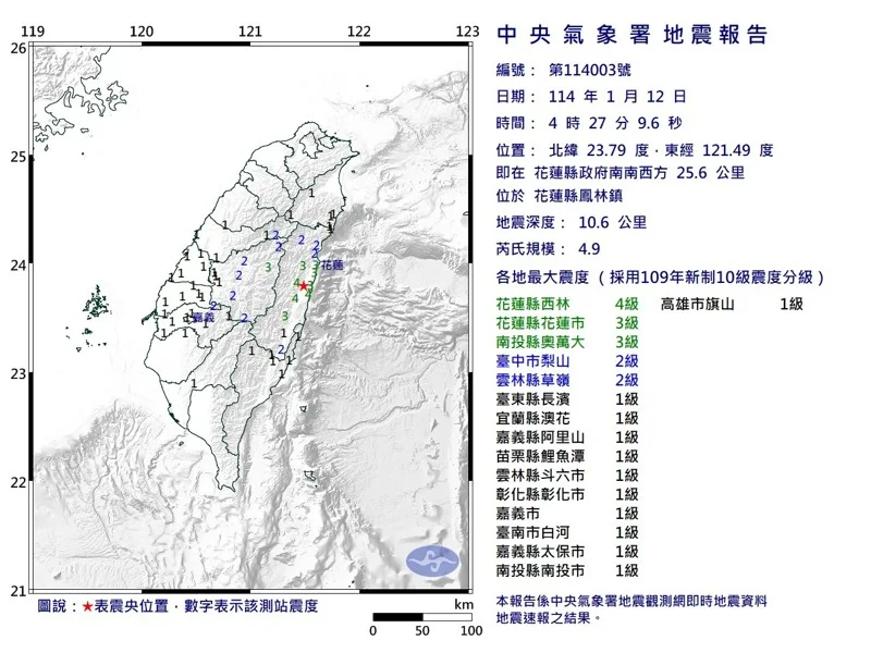 中央氣象署發布顯著有感地震報告。 圖：氣象署提供
