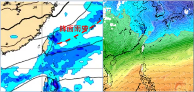 左圖：最新(11日20時)歐洲模式(ECMWF)，週三(15日)14時地面氣壓及降水圖顯示，鋒面雨帶挾強冷空氣南下，迎風面有雨。右圖：最新(11日20時)歐洲模式(ECMWF)，週四(16日)20時850百帕氣溫及風場圖顯示，零度(紅)線在北部近海，調整得更接近陸地。(擷自tropical tidbits) 圖/取自氣象應用推廣基金會